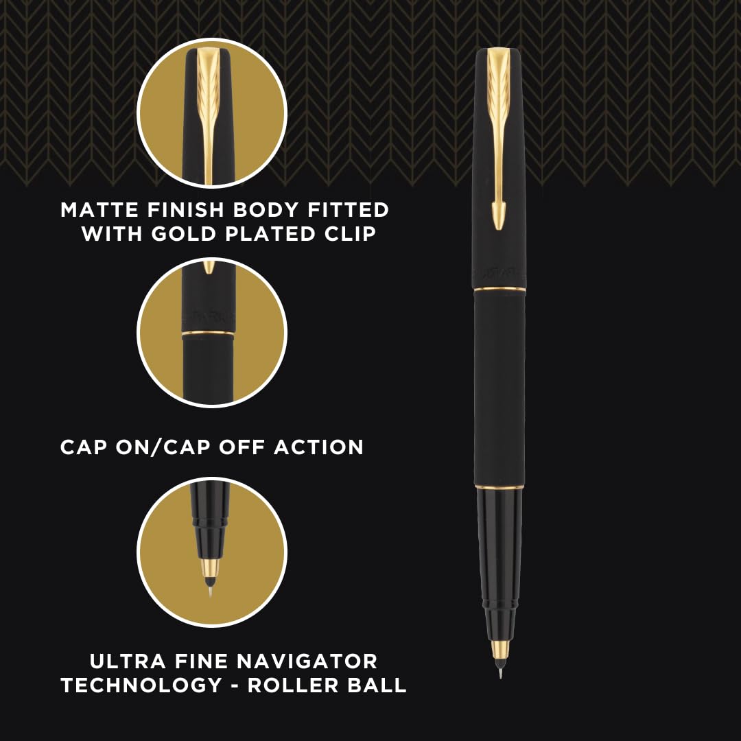 Parker Frontier Matte Black Gold Trim Roller Ball Pen