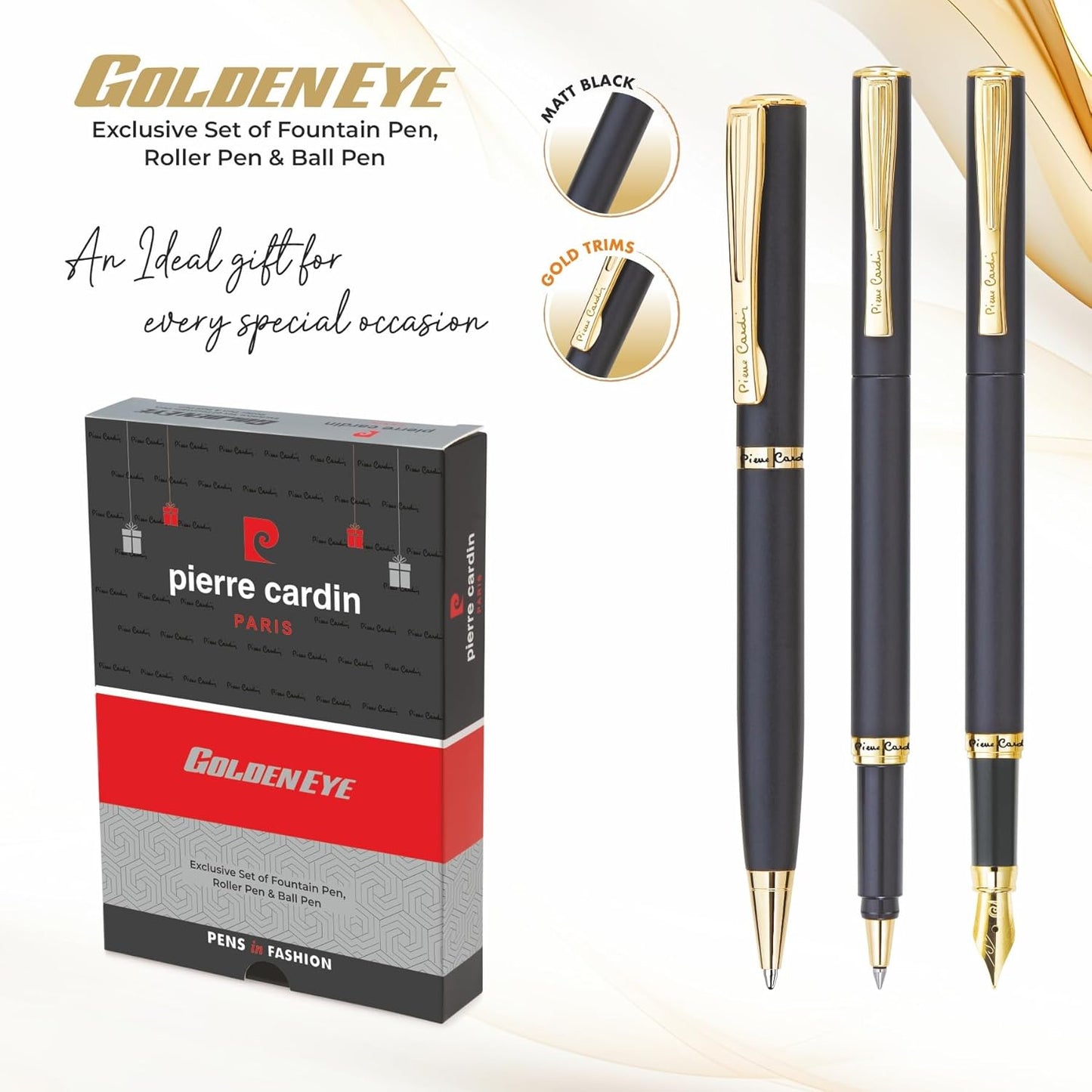 Pierre Cardin Golden Eye Gift Set | Premium Combo of Fountain Pen, Roller Pen & Ball Pen