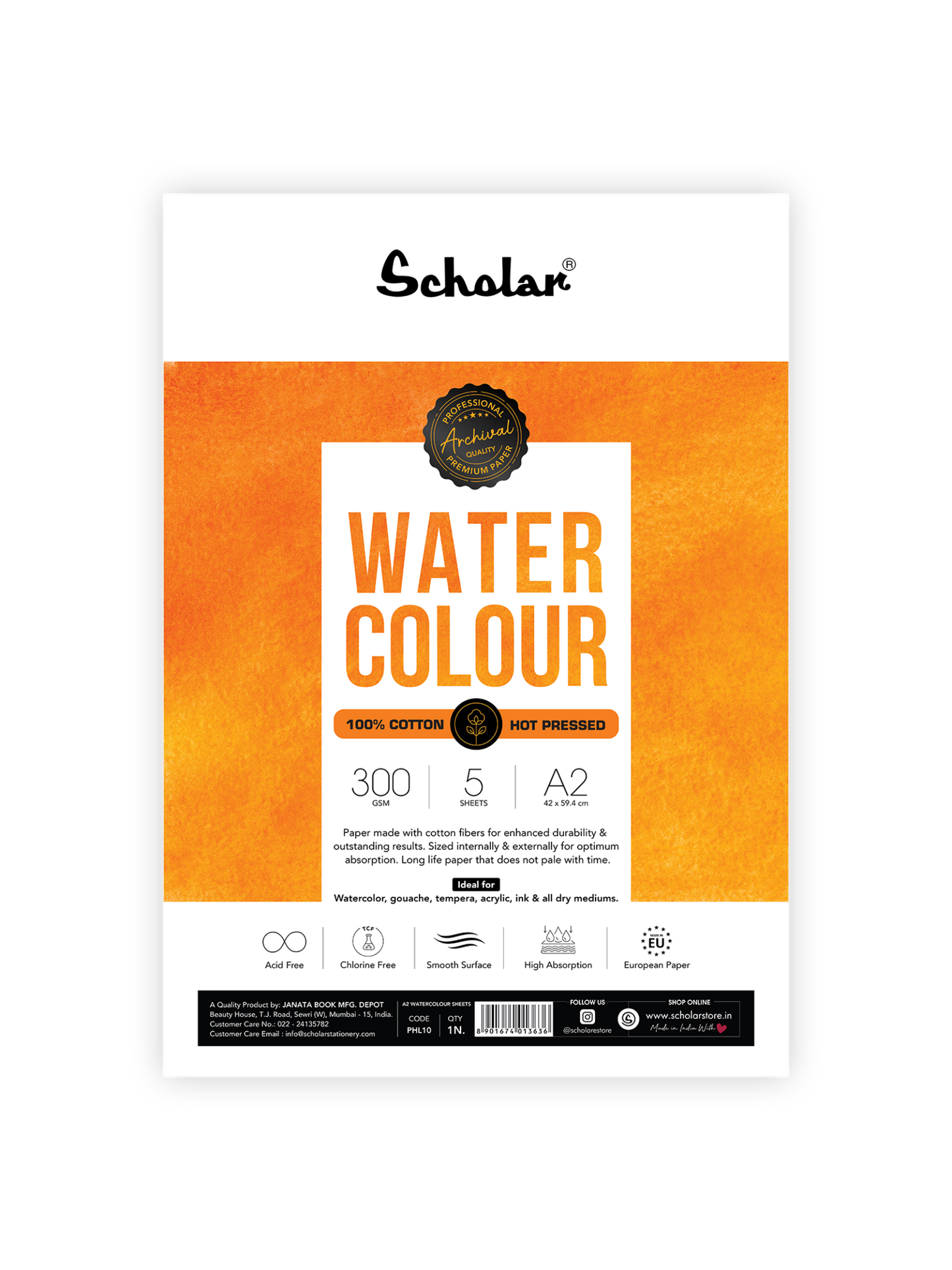 Watercolour Paper – 100% Cotton Loose Sheets (Hot Pressed)