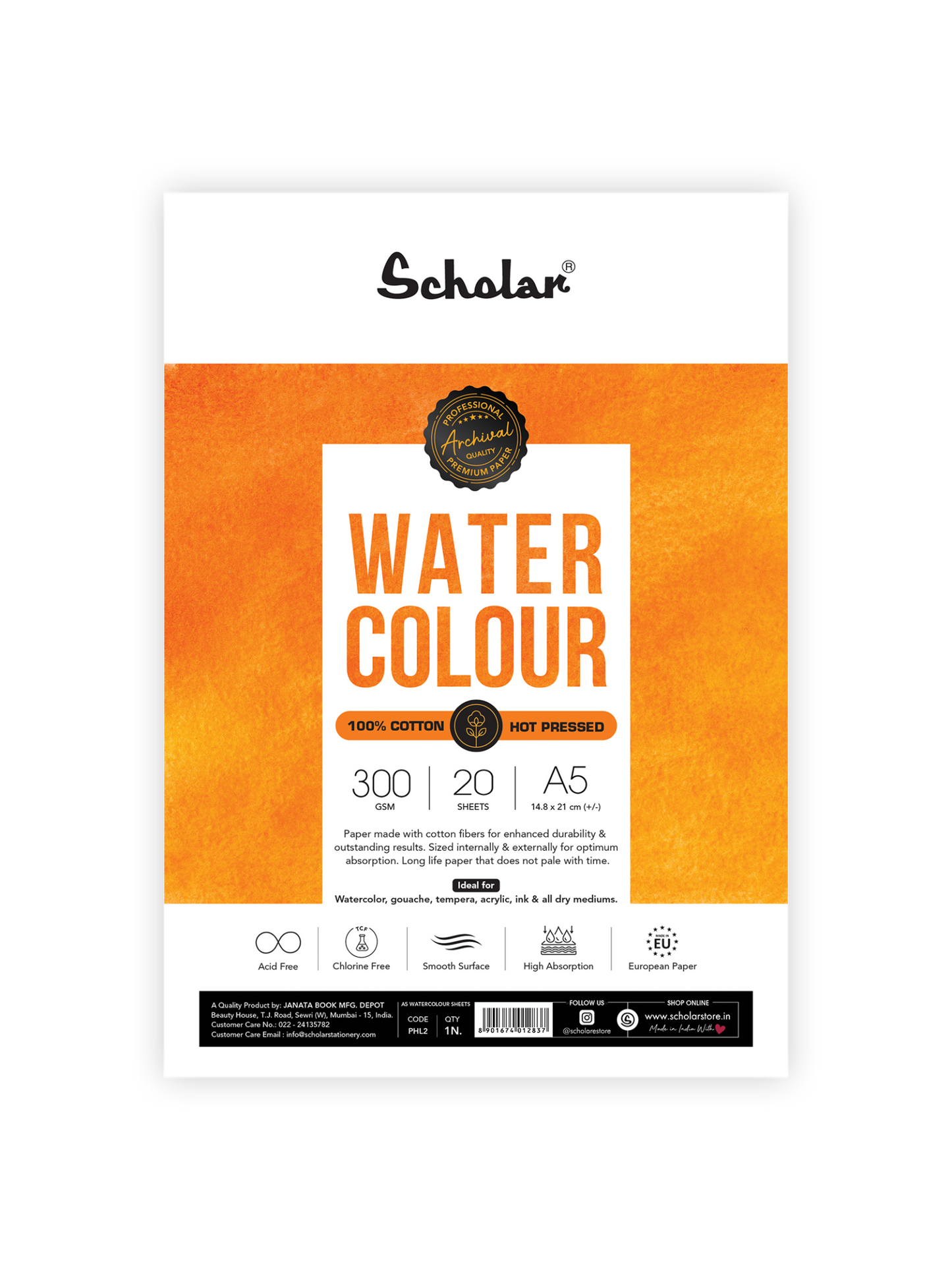 Watercolour Paper – 100% Cotton Loose Sheets (Hot Pressed)