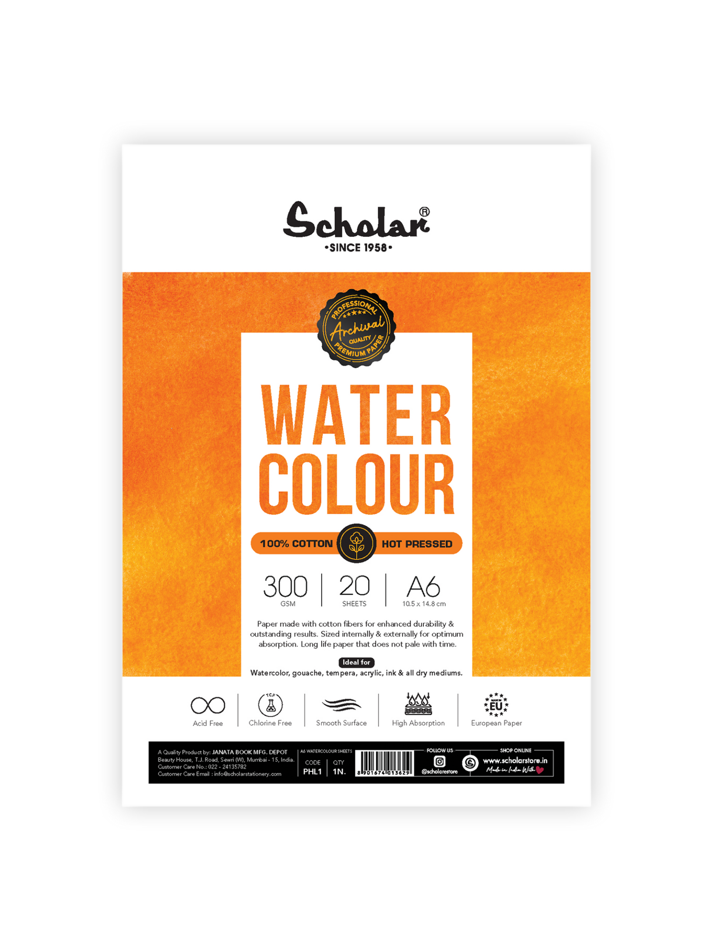 Watercolour Paper – 100% Cotton Loose Sheets (Hot Pressed)
