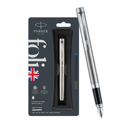 Parker Folio Stainless Steel Chrome Trim Fountain Pen With 1 Ink Cartridge Free