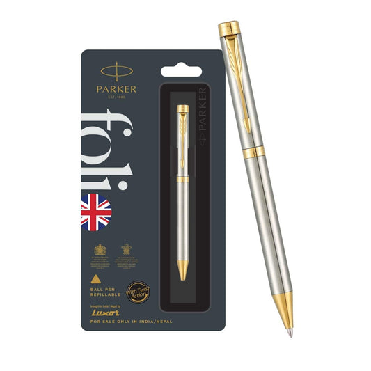 Parker Folio Stainless Steel Gold Trim Ball Pen