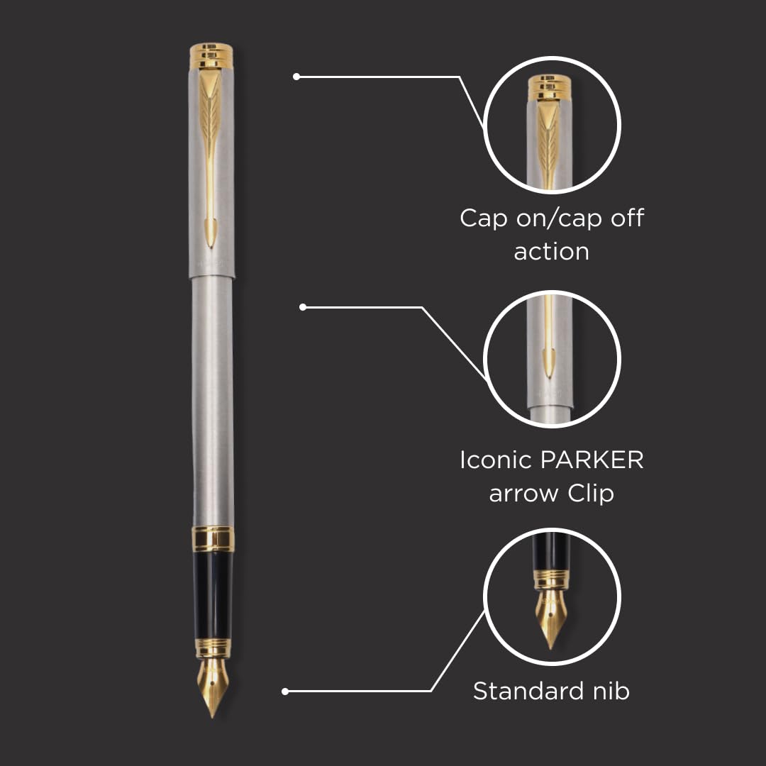 Parker Folio Stainless Steel Gold Trim Fountain Pen With 1 Ink Cartridge Free