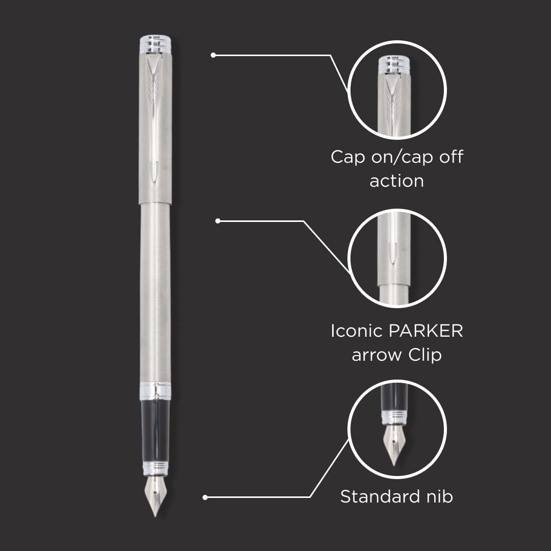 Parker Folio Stainless Steel Chrome Trim Fountain Pen With 1 Ink Cartridge Free