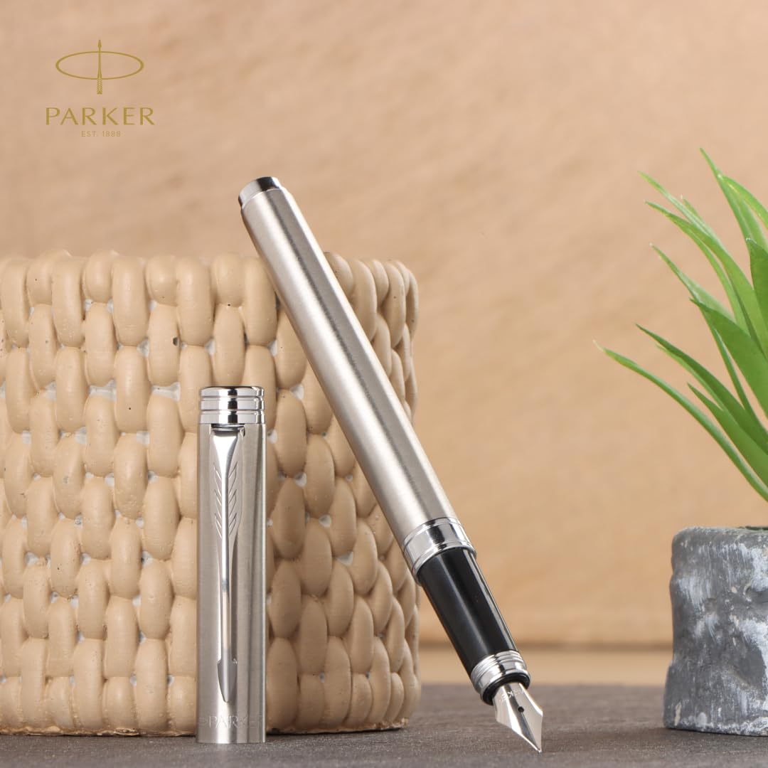 Parker Folio Stainless Steel Chrome Trim Fountain Pen With 1 Ink Cartridge Free