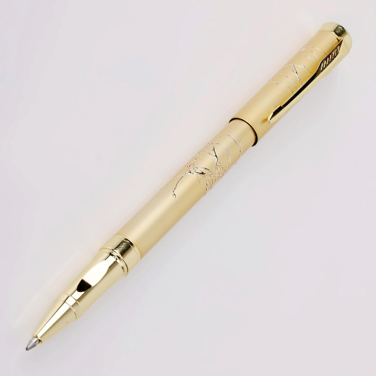 3736 Roller Ball Pen – Gold Artistic Embossed Design Metal Body with Golden Trim