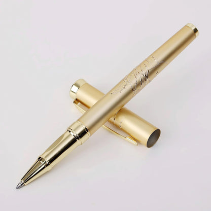 3736 Roller Ball Pen – Gold Artistic Embossed Design Metal Body with Golden Trim