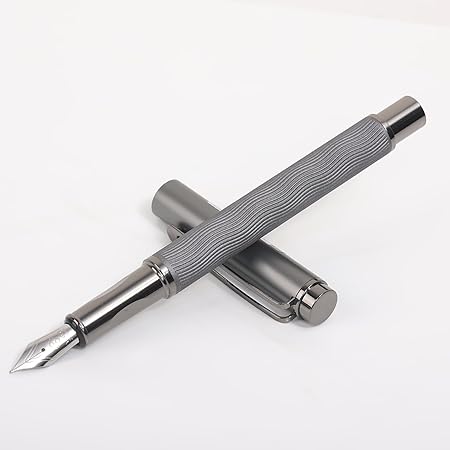 3798 Glossy Fountain Pen Wave Designed Grey Metal Body with Metallic Grey Cap & Crafted Clip
