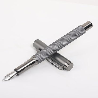 3798 Glossy Fountain Pen Wave Designed Grey Metal Body with Metallic Grey Cap & Crafted Clip