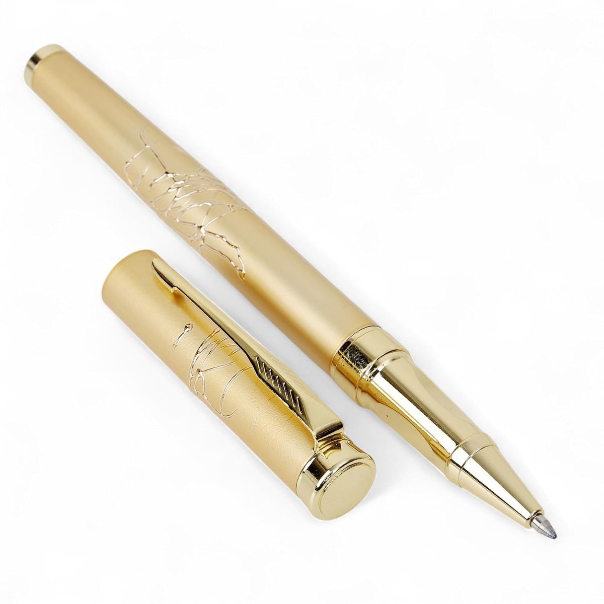 3736 Roller Ball Pen – Gold Artistic Embossed Design Metal Body with Golden Trim