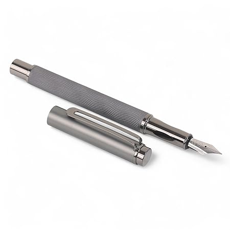 3798 Glossy Fountain Pen Wave Designed Grey Metal Body with Metallic Grey Cap & Crafted Clip