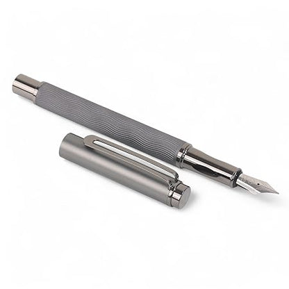 3798 Glossy Fountain Pen Wave Designed Grey Metal Body with Metallic Grey Cap & Crafted Clip