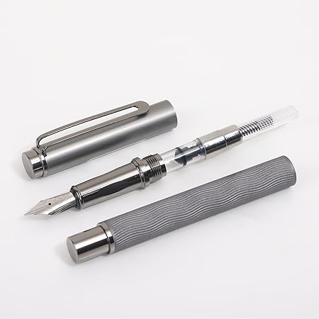 3798 Glossy Fountain Pen Wave Designed Grey Metal Body with Metallic Grey Cap & Crafted Clip