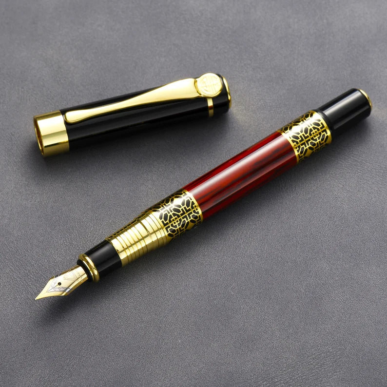Dikawen Luxury Fountain Pen – Vintage Red with Smooth Fine Nib